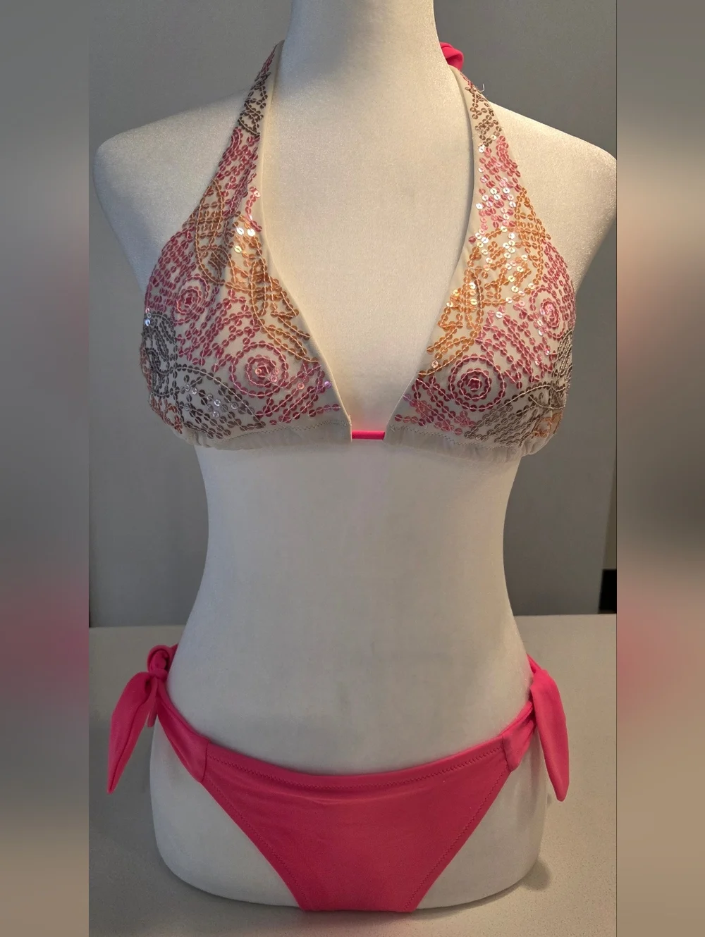 Women’s Pink Sequin Triangle Bikini Top - Picture 1 of 3
